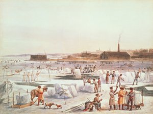 Jään leikkaaminen talvella St. Charles-joella